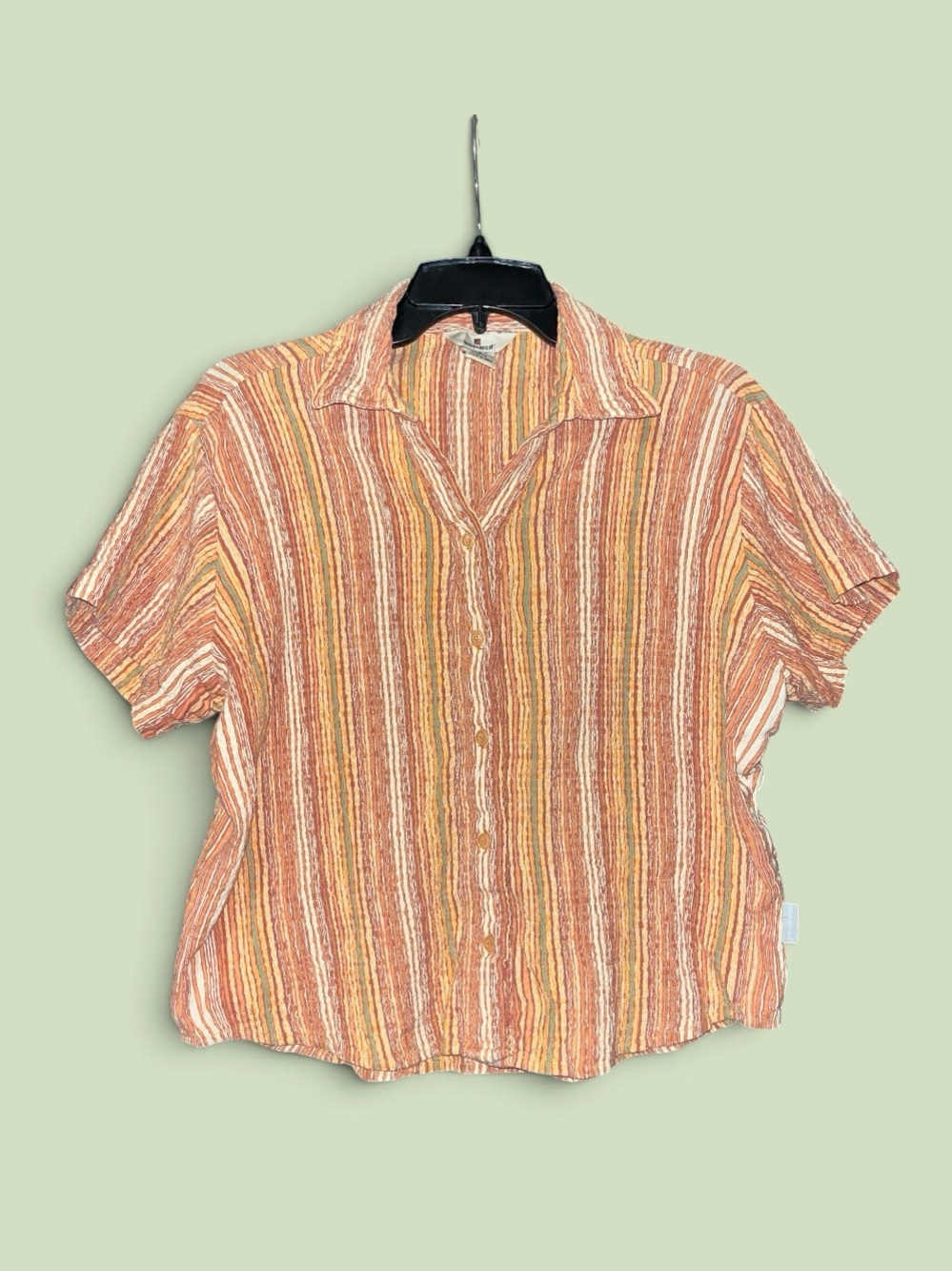 Vintage Woolrich Orange Multi-Stripe Short Sleeve Button-Down Top